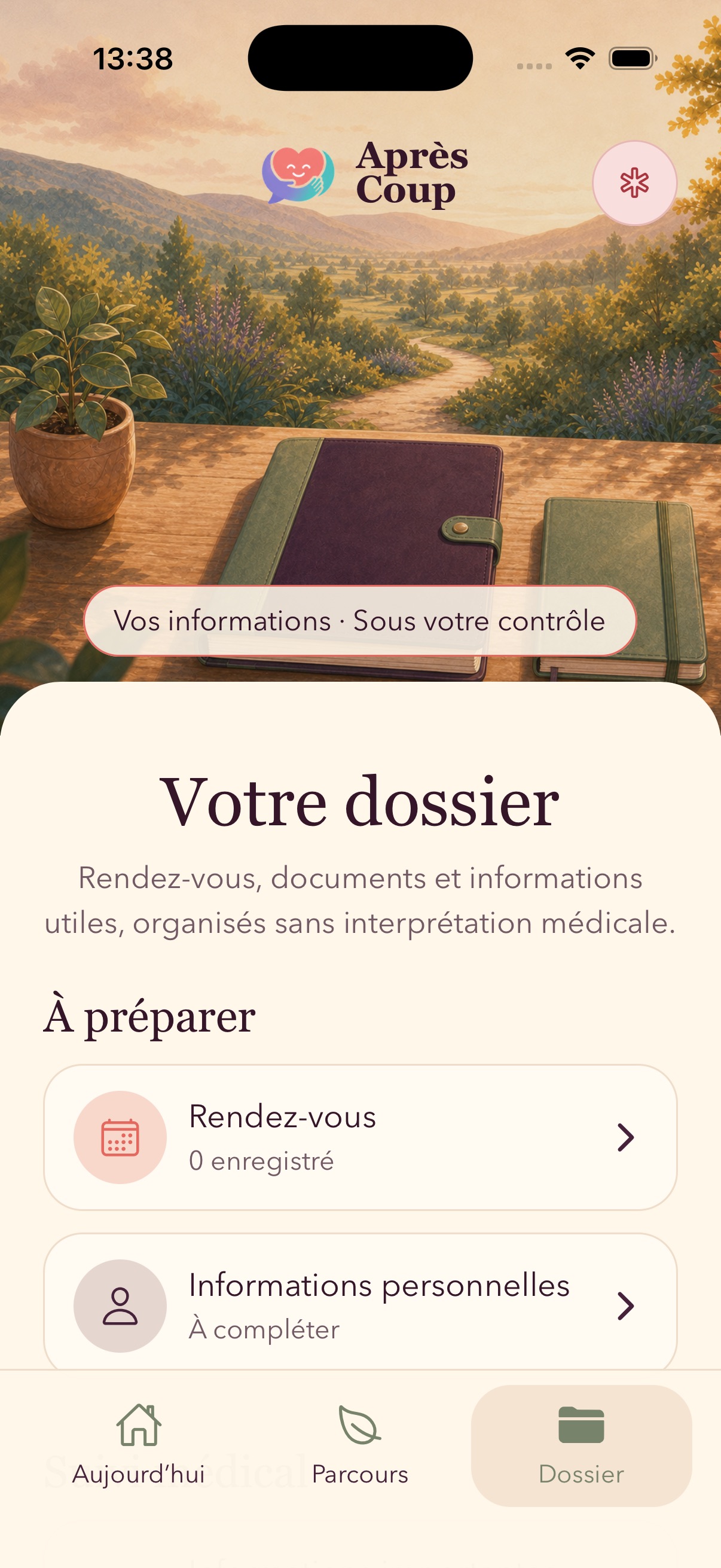 Écran Dossier regroupant les rendez-vous et informations personnelles