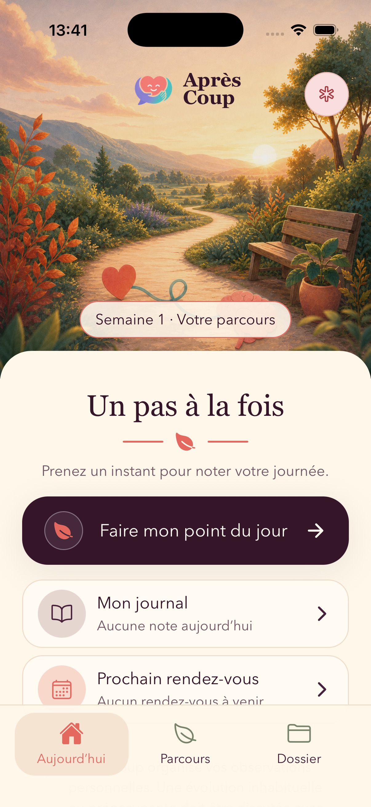 Écran Aujourd’hui de l’application Après Coup avec l’action Faire mon point du jour