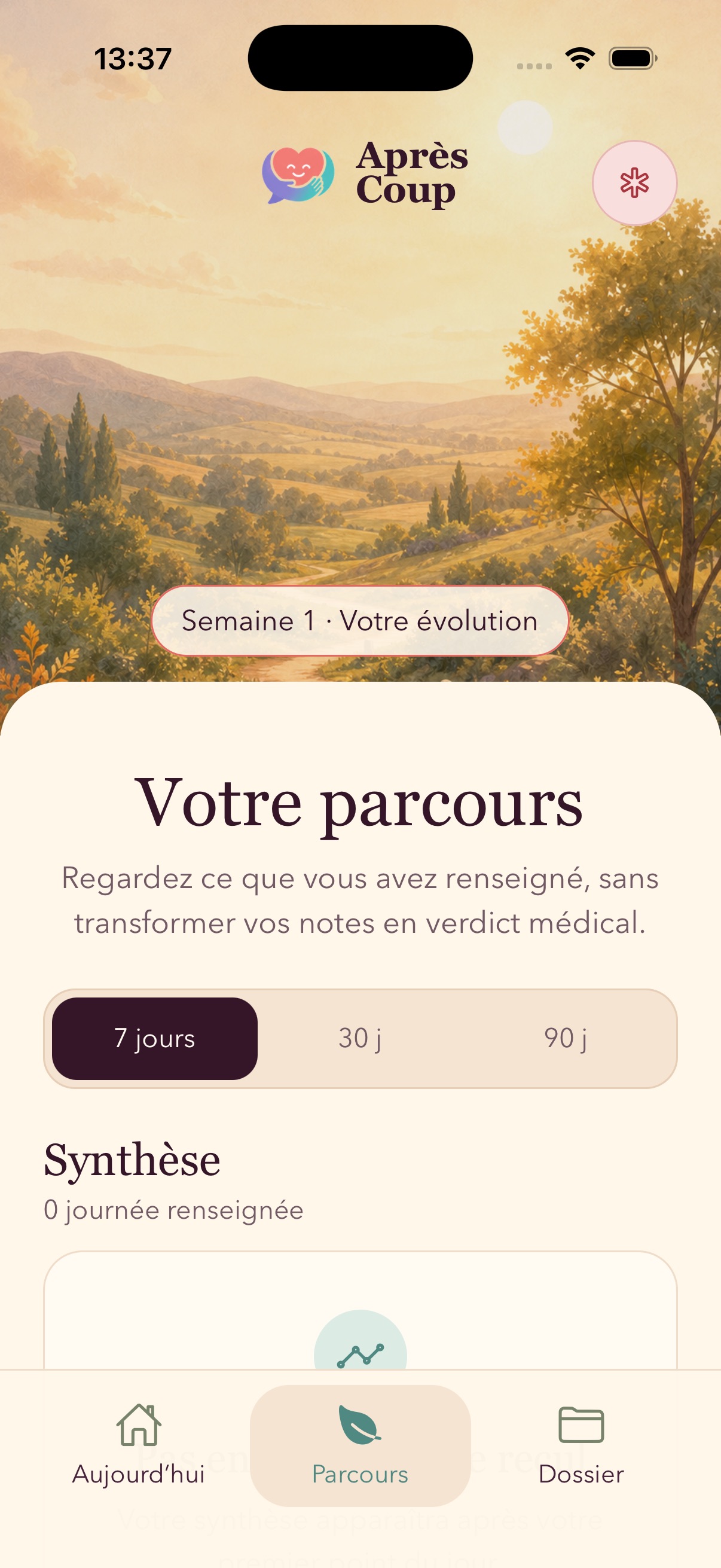 Écran Parcours avec les périodes de 7, 30 et 90 jours