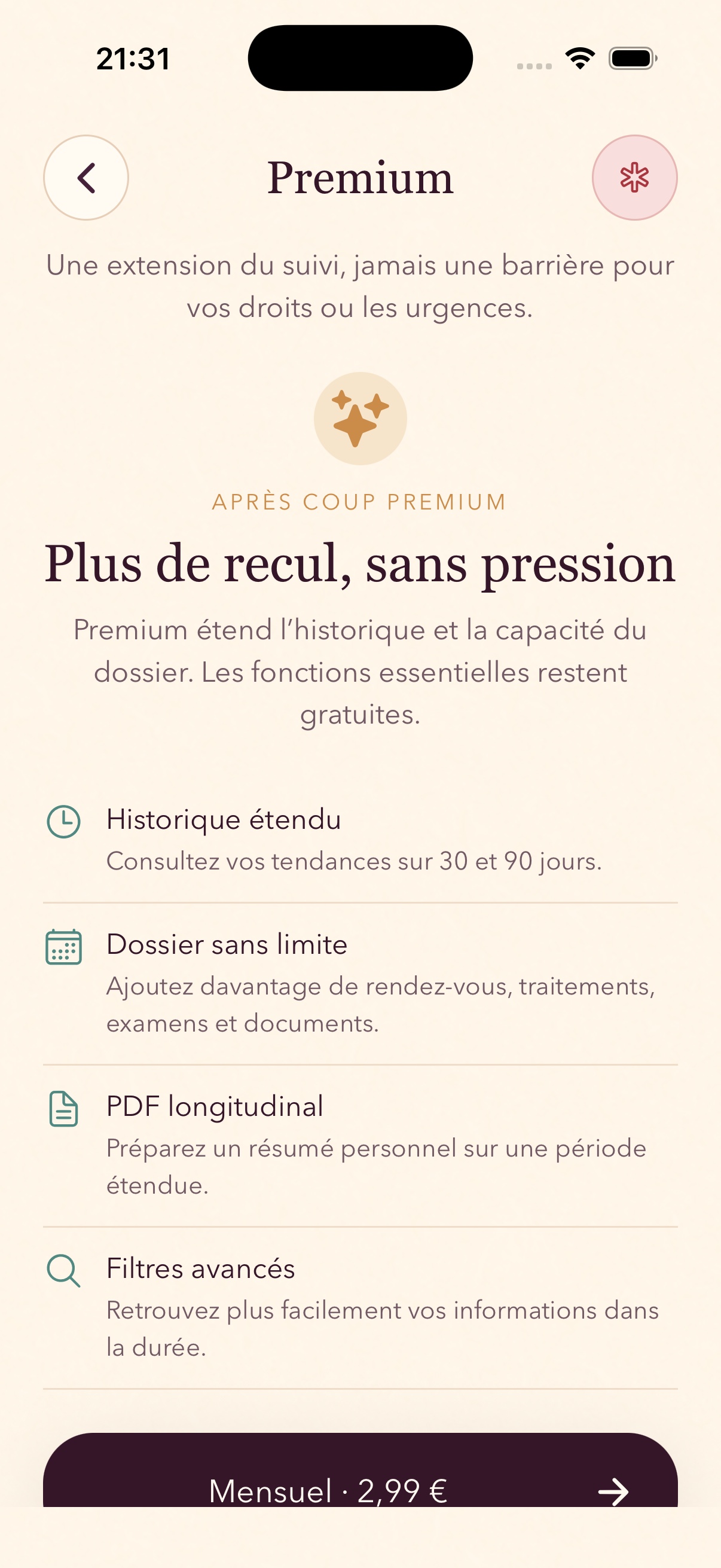 Écran présentant les fonctions Premium d’Après Coup