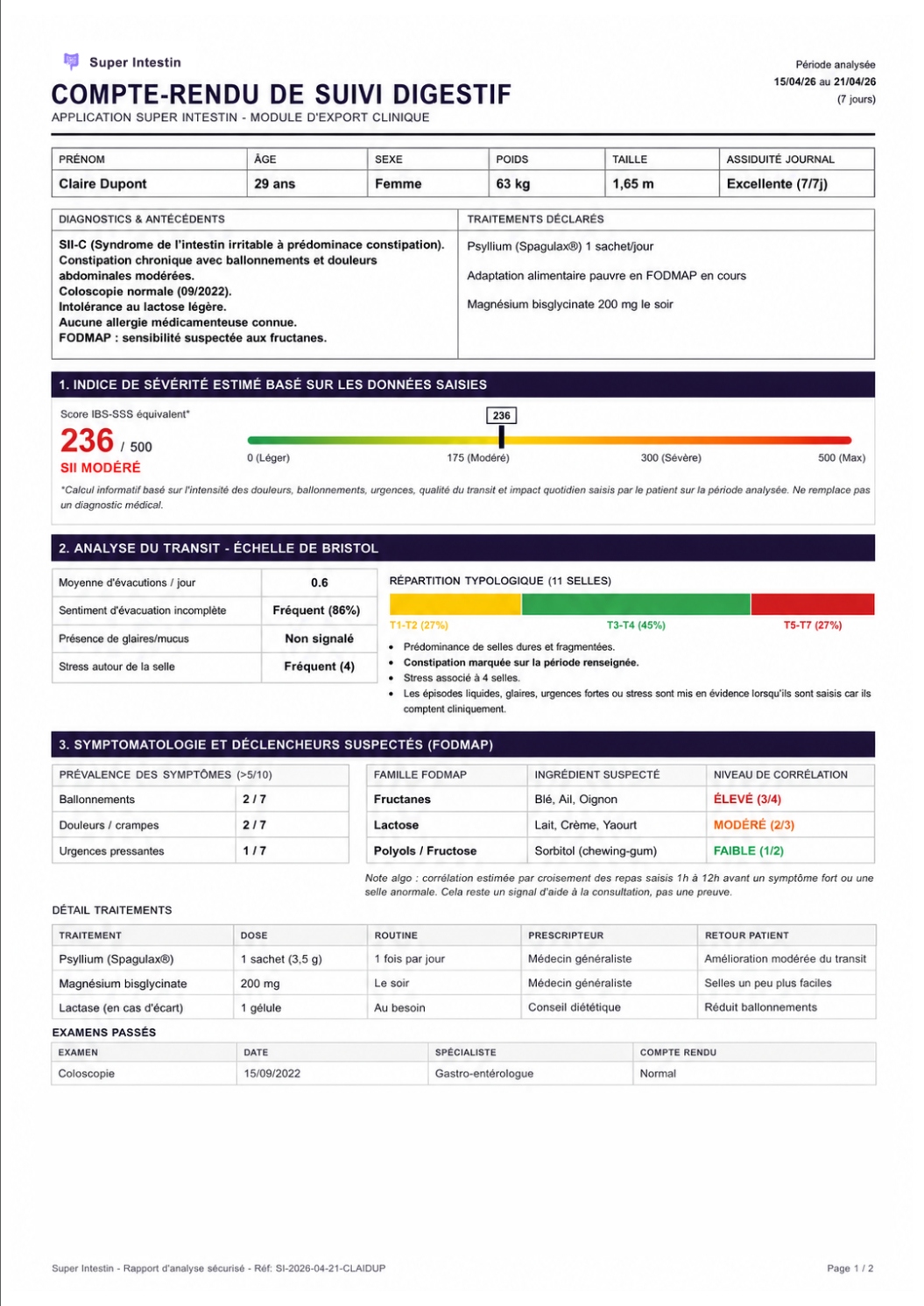 Première page du compte-rendu de suivi digestif Super Intestin