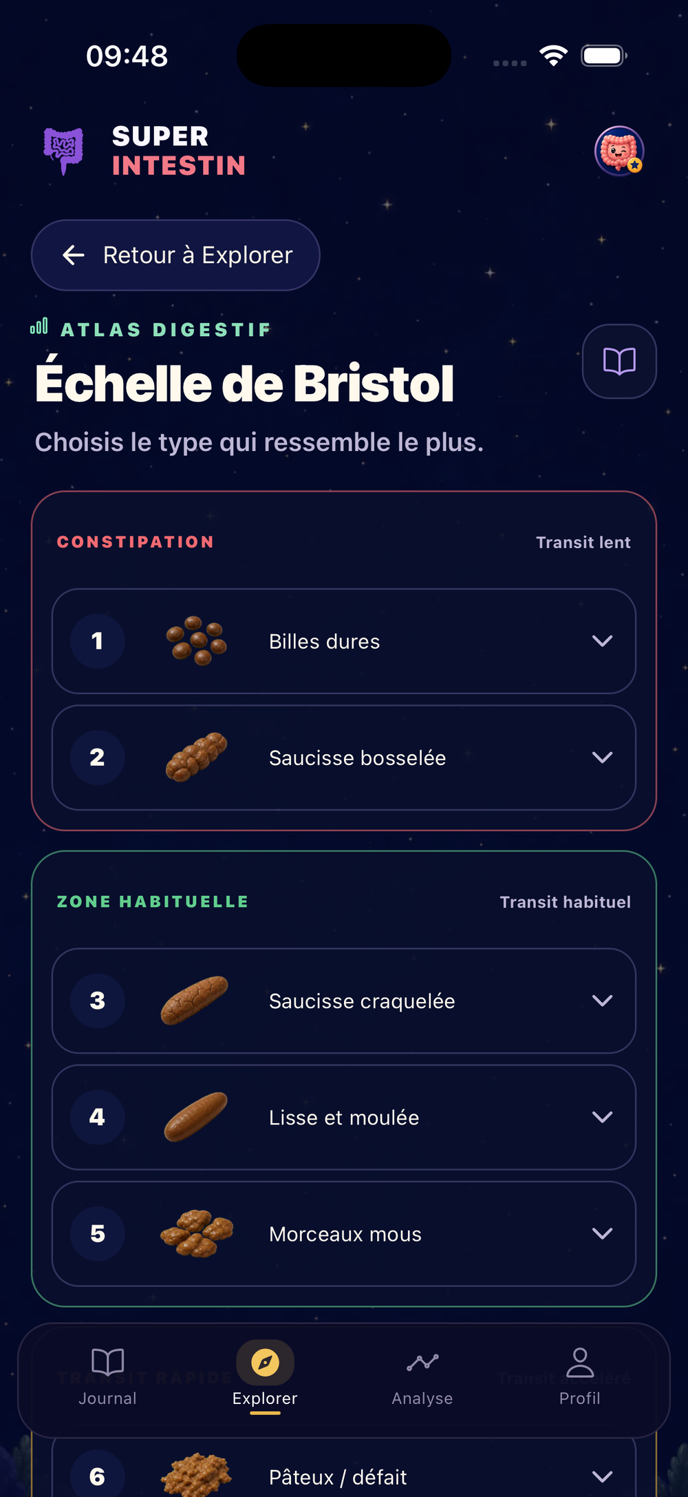Écran Échelle de Bristol de la version actuelle de Super Intestin