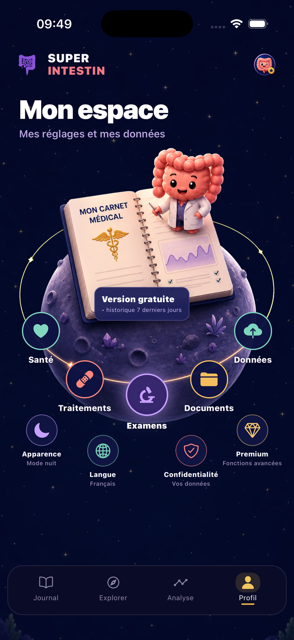 Écran Profil de la version actuelle de Super Intestin